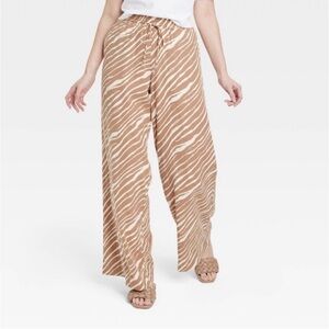 A New Day Tan Zebra Print Wide Legged Linen Blend Pants Women Size XS Pockets